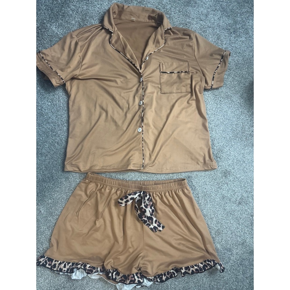 Pajama Set Button Down Top & Shorts Brown Tan Leopard Trim Women's